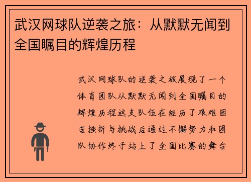 武汉网球队逆袭之旅：从默默无闻到全国瞩目的辉煌历程